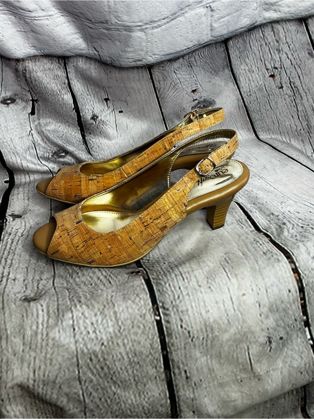 Coastal Grandma Resort Sling Back Peep Toe Heels Cork Uppers Gold Flecks 9.5M